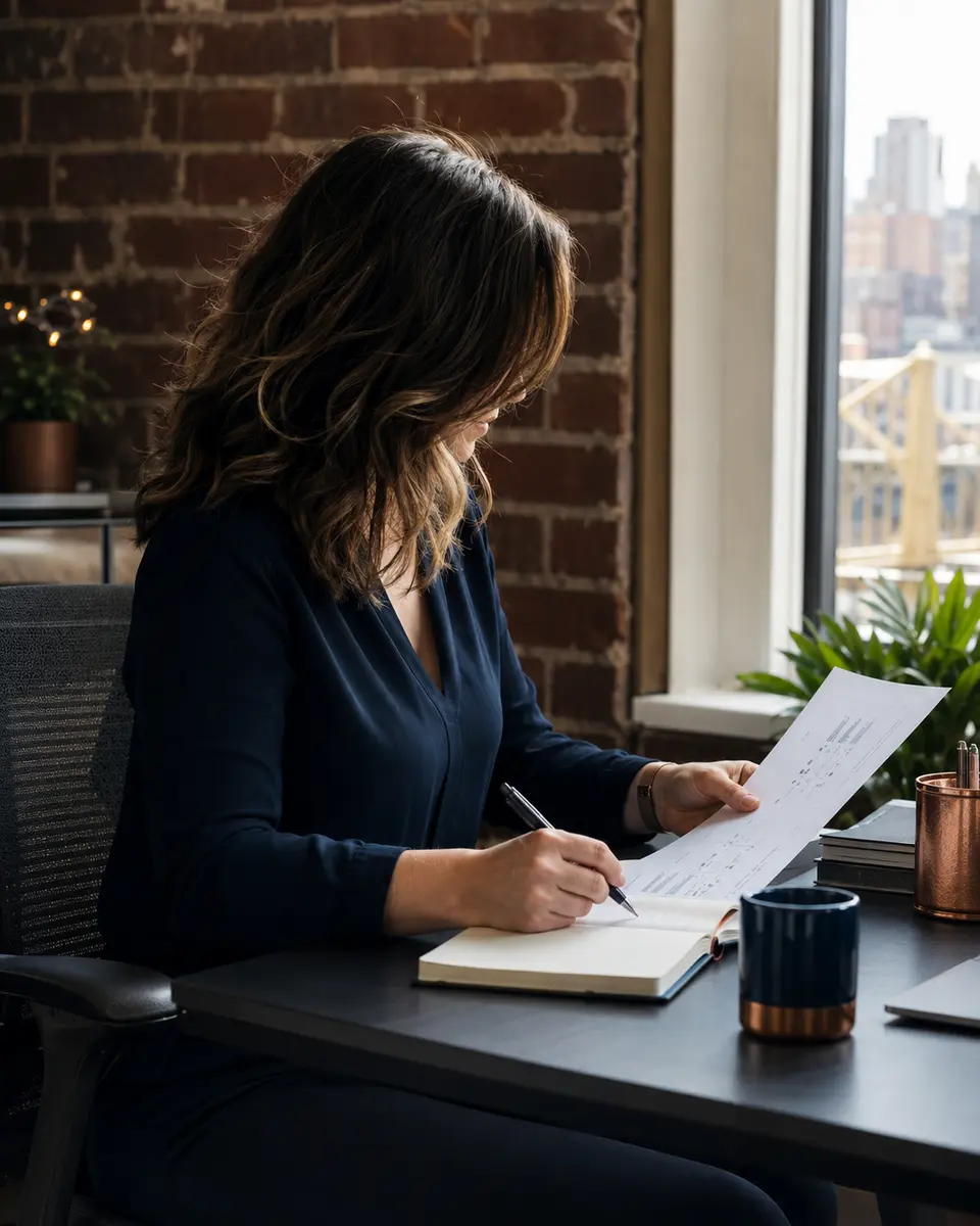 Fiona Keating reviewing SEO research at her desk
