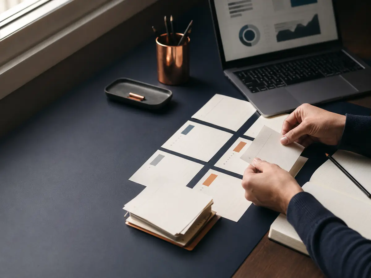 Consultant organizing research cards beside a laptop