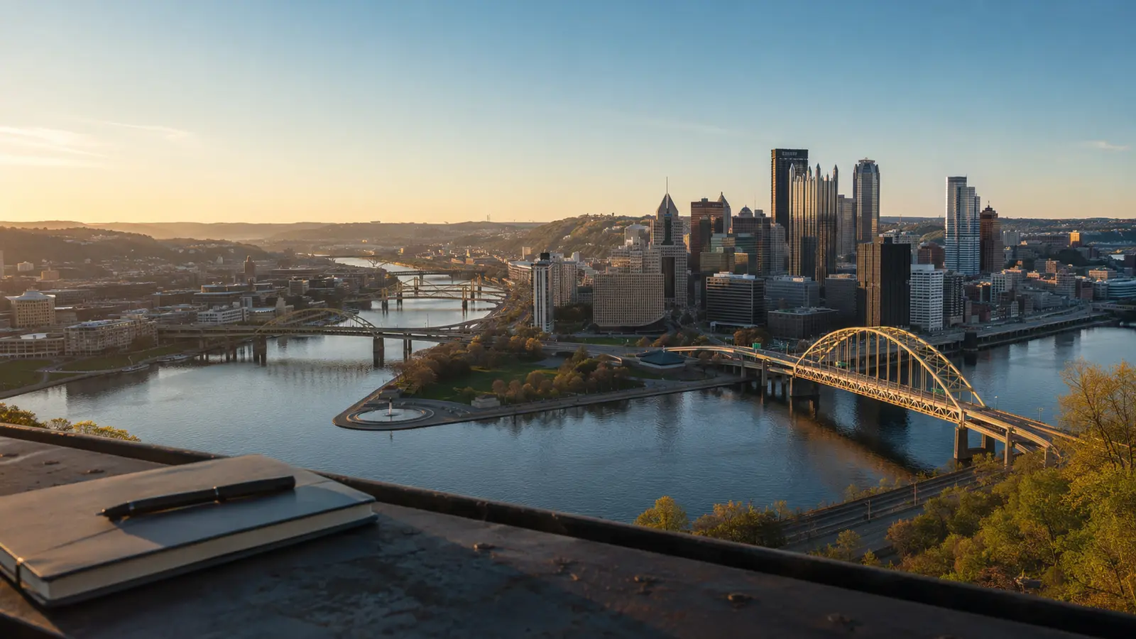 Downtown Pittsburgh skyline with rivers and bridges at sunset